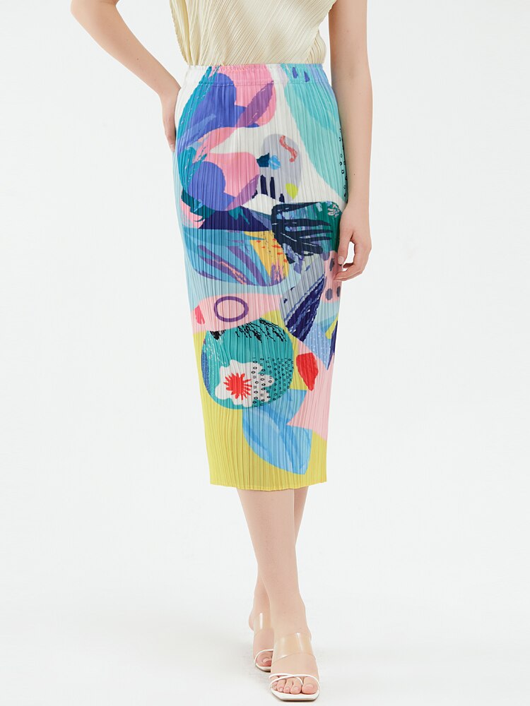 Geplooide designerrok met print en hoge taille