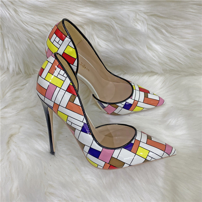 Colored Plaid Empty High Heels Shoes 12cm Pointed Toe Stiletto Pumps