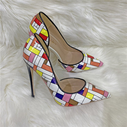 Colored Plaid Empty High Heels Shoes 12cm Pointed Toe Stiletto Pumps