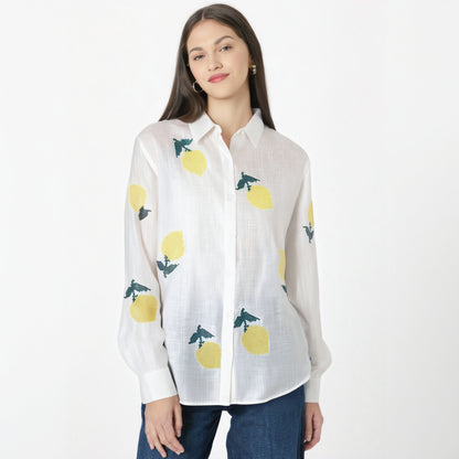 European and American summer new fashionable collar long sleeved cotton linen single breasted white shirt top for women