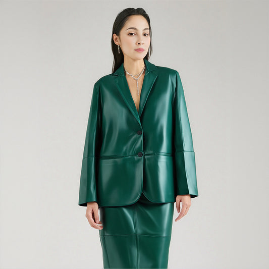 PU-leren colbert met rechte snit en kokerrokset