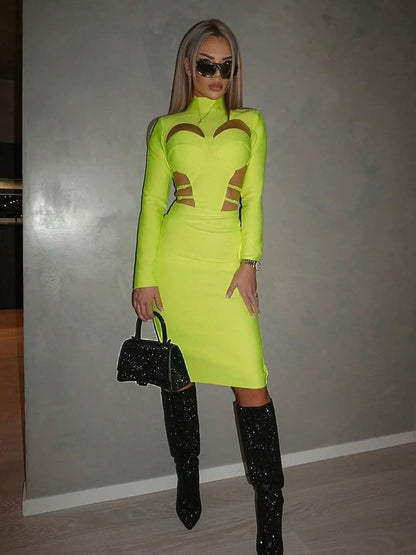 New Fluorescent Green Sexy Hollow Out Bodycon Design  Bandage Dress Women'S Long Sleeve Fashion Club Party Vesidos
