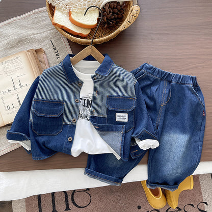 Baby autumn block denim long sleeved three piece set