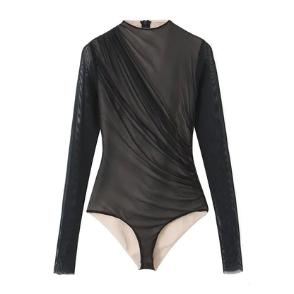 Autumn style high round neck long sleeved pleated decorative silk mesh jumpsuit