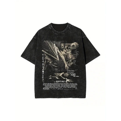 Summer New Silent Hill Pattern Printed T-Shirt Summer Cotton Washed Vintage Aged Short Sleeve