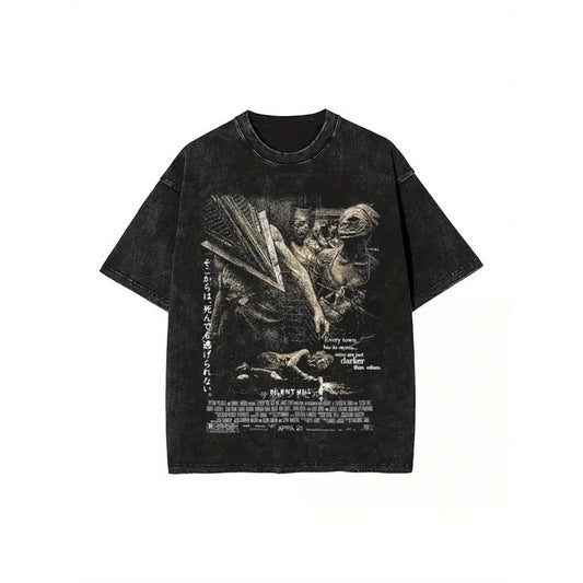Summer New Silent Hill Pattern Printed T-Shirt Summer Cotton Washed Vintage Aged Short Sleeve