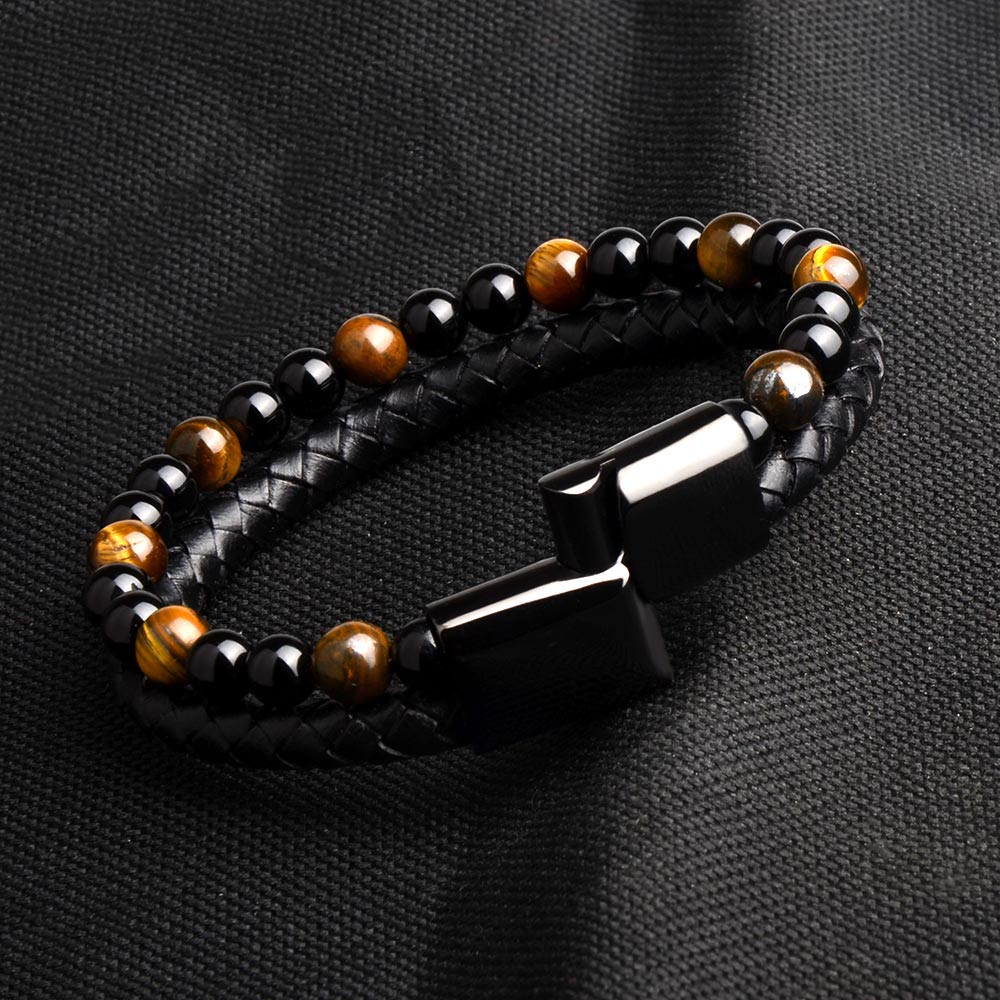 Natuursteen gevlochten armband van echt leer voor heren