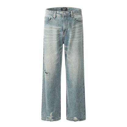 Ripped washed denim straight leg pants