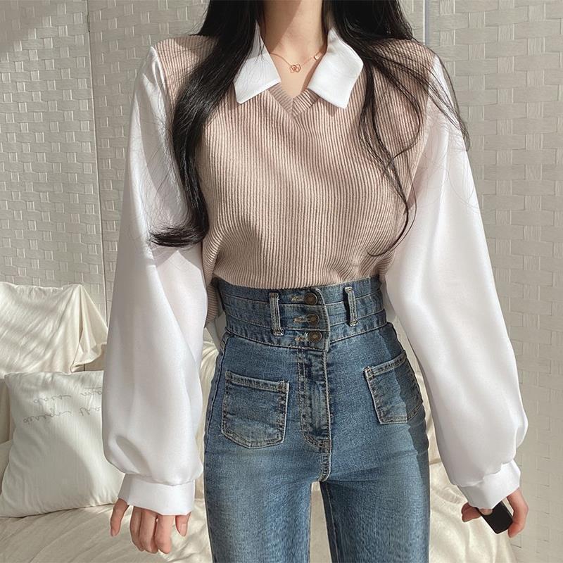 Chic Oversized Two-Piece Look Women's Long Sleeve Polo Neck Sweatshirt with Ribbed Stitching, Loose Fit and Versatile Casual Top