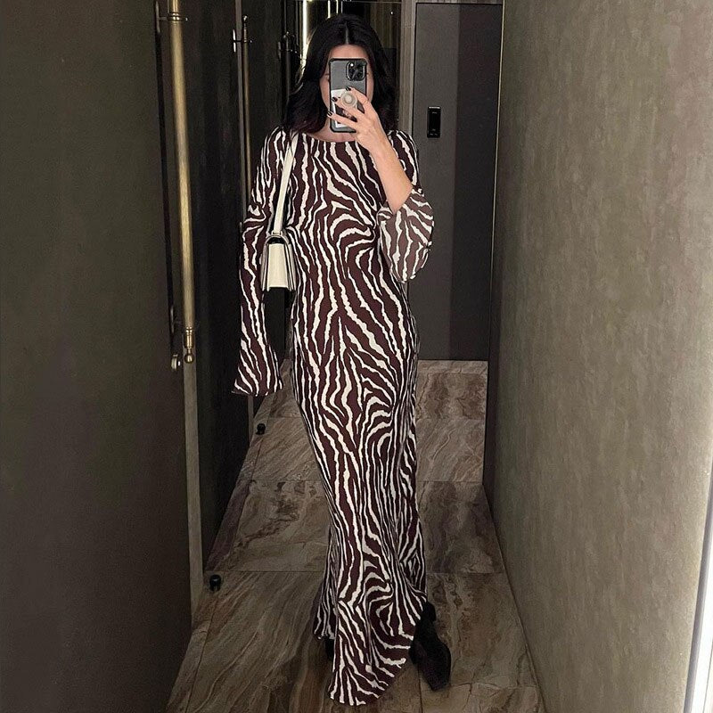 Stripe Long Women Dress Elegant Long Flare Sleeve O-neck Hip Wrap Skinny Bodycon Female Dresses Sexy Robe