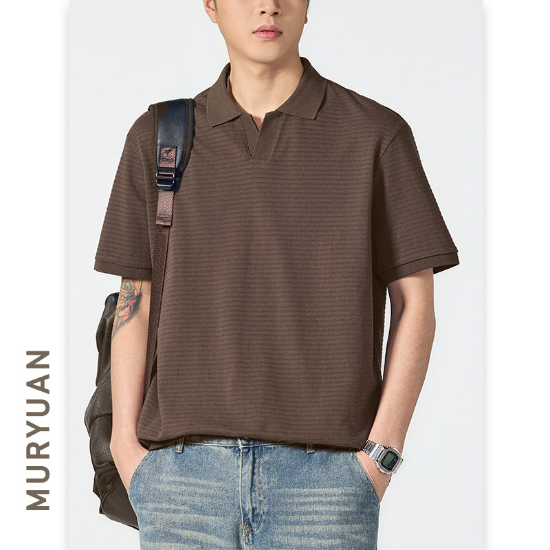 Seagull Collar Turn-Down Polo Shirt Men's Versatile Textured Minimalist T-Shirt