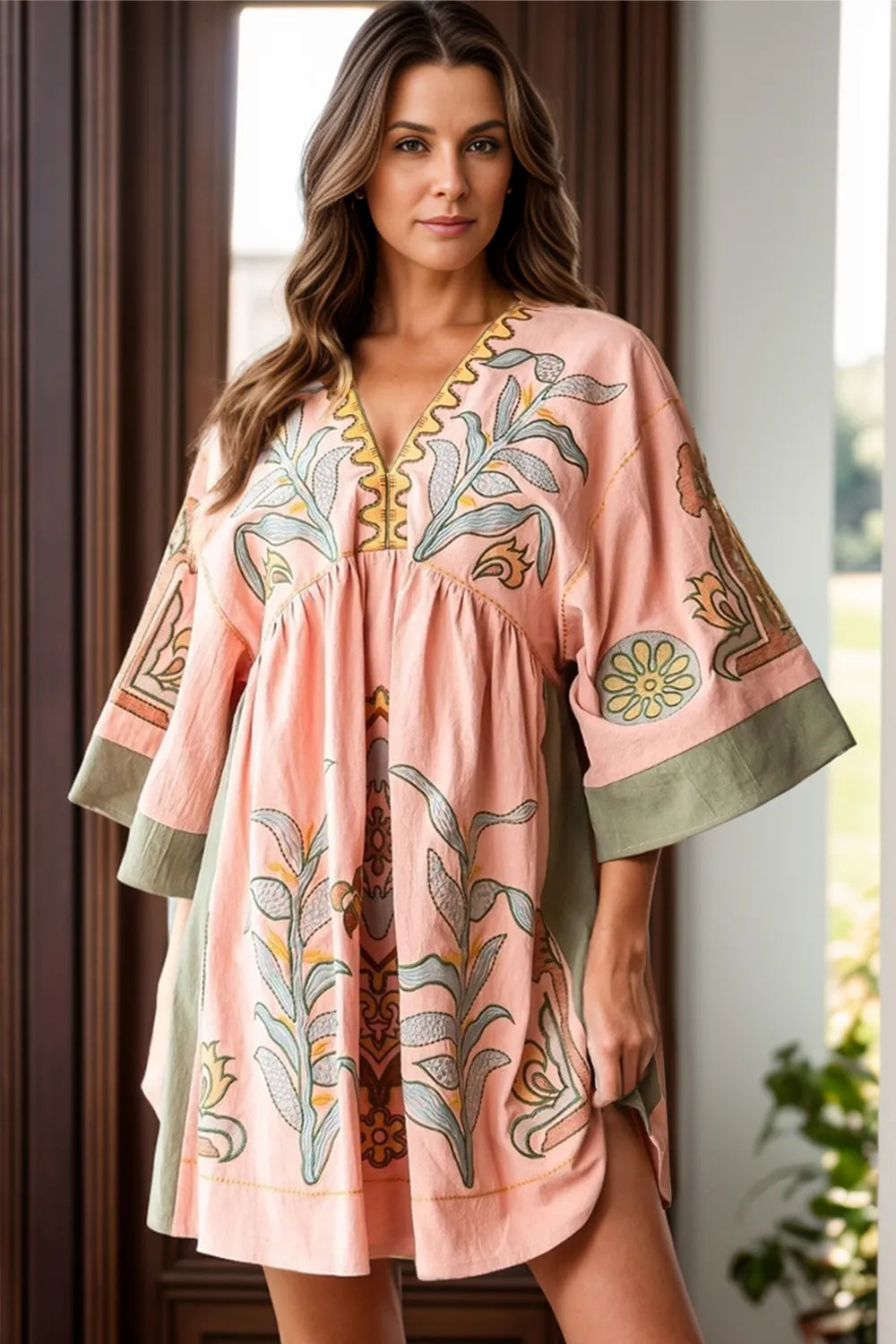 Beautiful women's summer retro loose V-neck dress