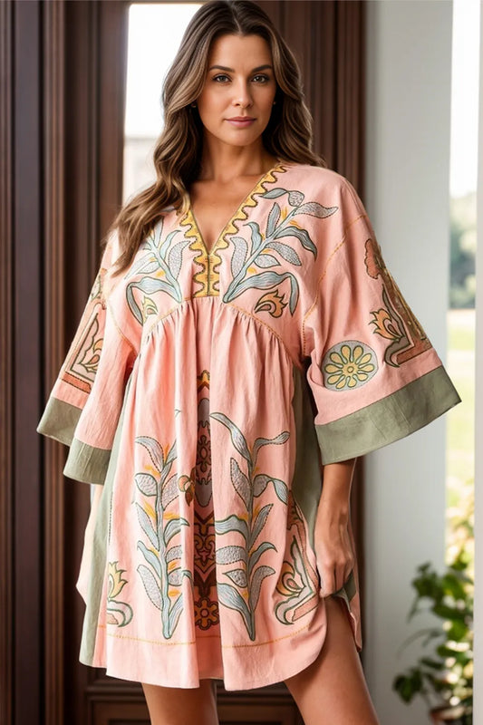 Beautiful women's summer retro loose V-neck dress