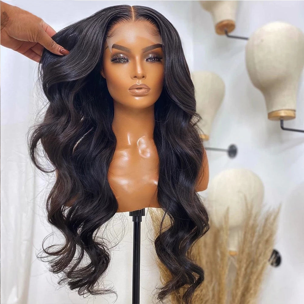 Lange golvende synthetische lace wig