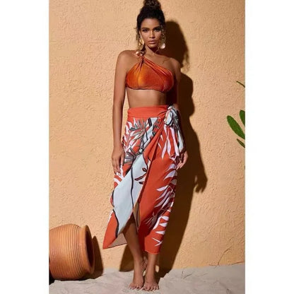 One Shoulder with Bead 3 Pieces Sets Bikinis+Skirt Women  Biqunis Beachwear Bathing Suit Solid Monokini Summer Swimming Suit