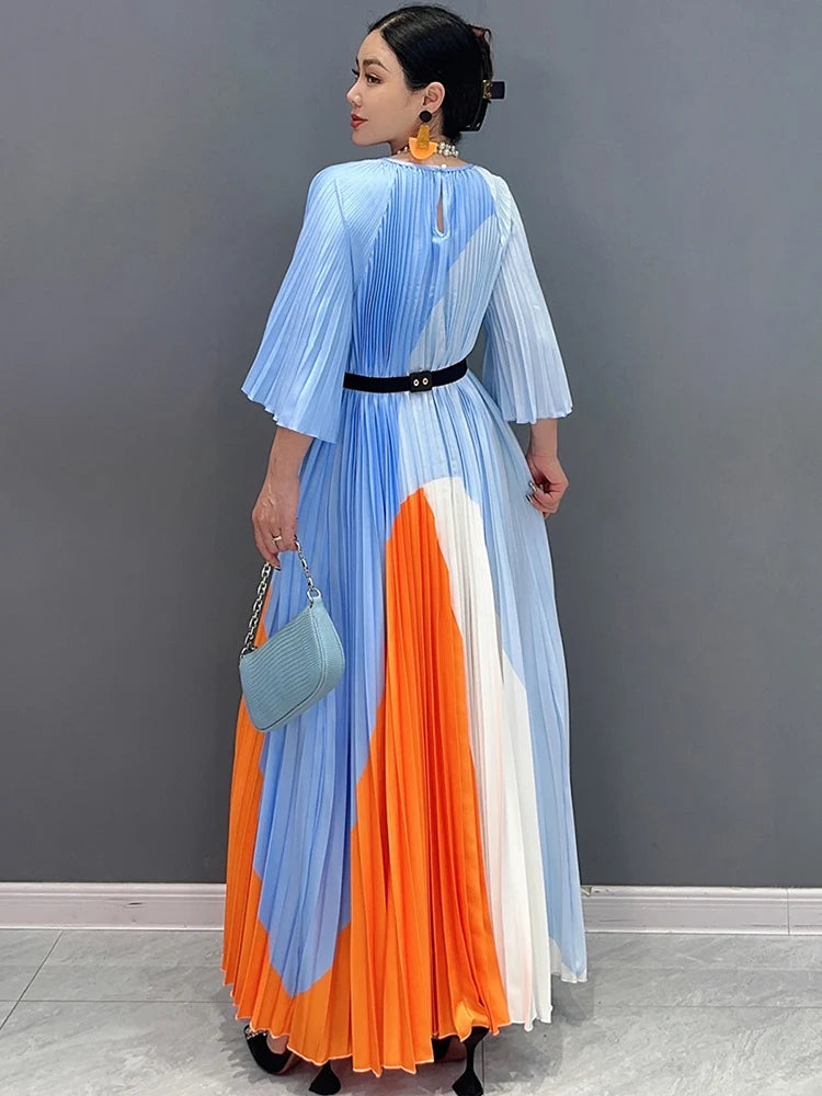 Summer New Hundred Pleated Printed Long Dress With O-Neck Half Sleeves Elegant Ladies Flare Women Dresses