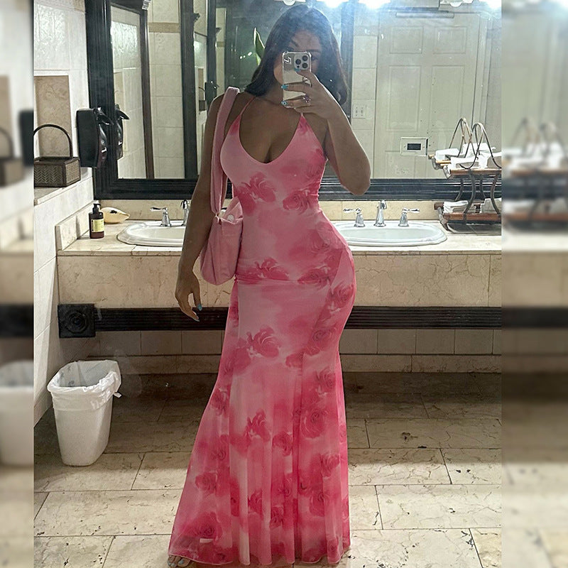 Women's Summer Casual Printed Backless Strapless Fitted Mermaid Long Dress