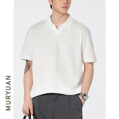 Seagull Collar Turn-Down Polo Shirt Men's Versatile Textured Minimalist T-Shirt