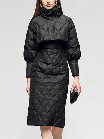 Solid Two Piece Sets For Women Stand Collar Lantern Sleeve Parka O Neck Sleeveless High Waist Dress Chic Set Female