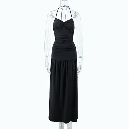 Hanging neck slim fit exposed backpack hip side slit jumpsuit long skirt