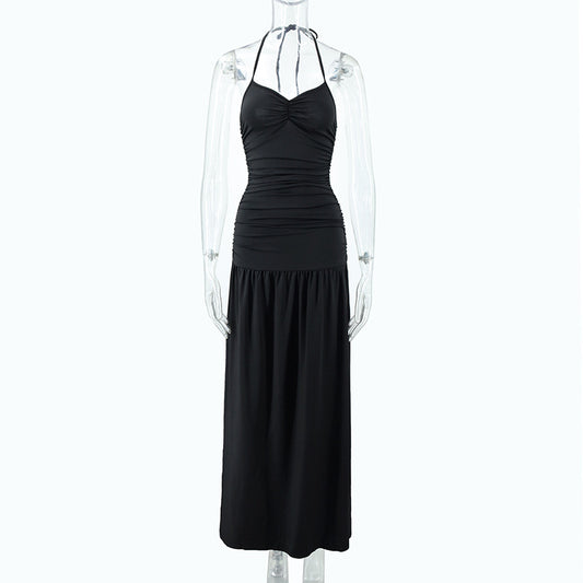 Hanging neck slim fit exposed backpack hip side slit jumpsuit long skirt
