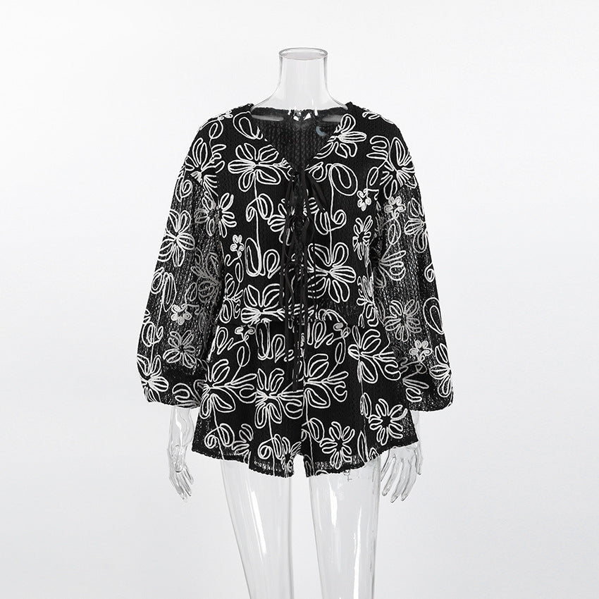 V-neck long sleeved lace up top and shorts two-piece set