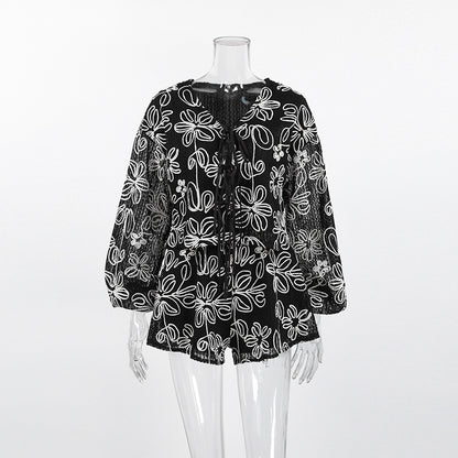 V-neck long sleeved lace up top and shorts two-piece set
