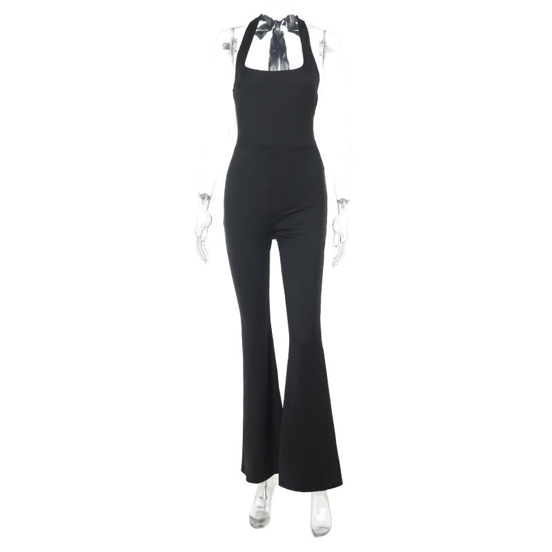 Sexy backless neck hanging tight micro flared pants jumpsuit for women
