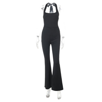 Sexy backless neck hanging tight micro flared pants jumpsuit for women