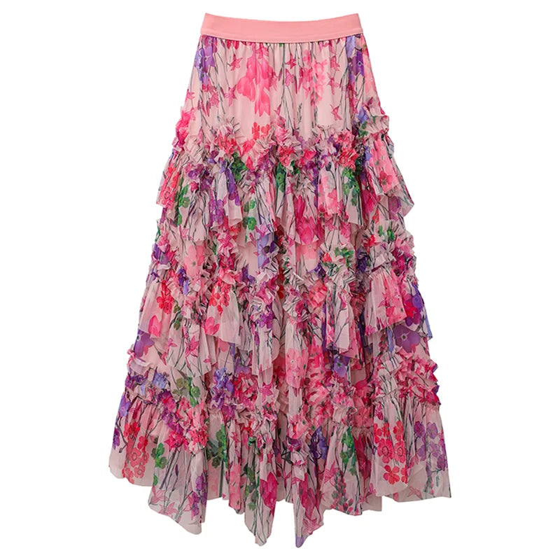 New style simple and romantic printed skirt for women with loose summer lace, slimming A-line skirt