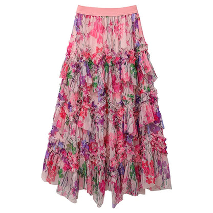 New style simple and romantic printed skirt for women with loose summer lace, slimming A-line skirt