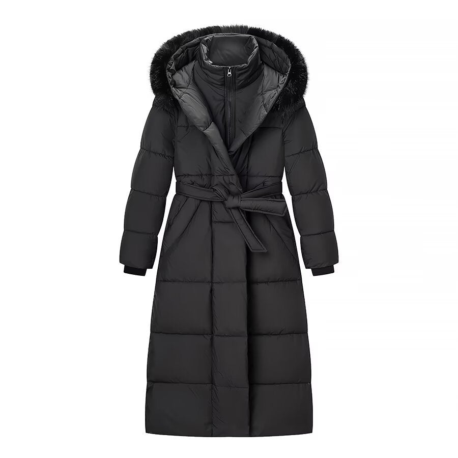 Women's Fashionable Classic Long Cotton Coat with Hand-Inserted Cotton
