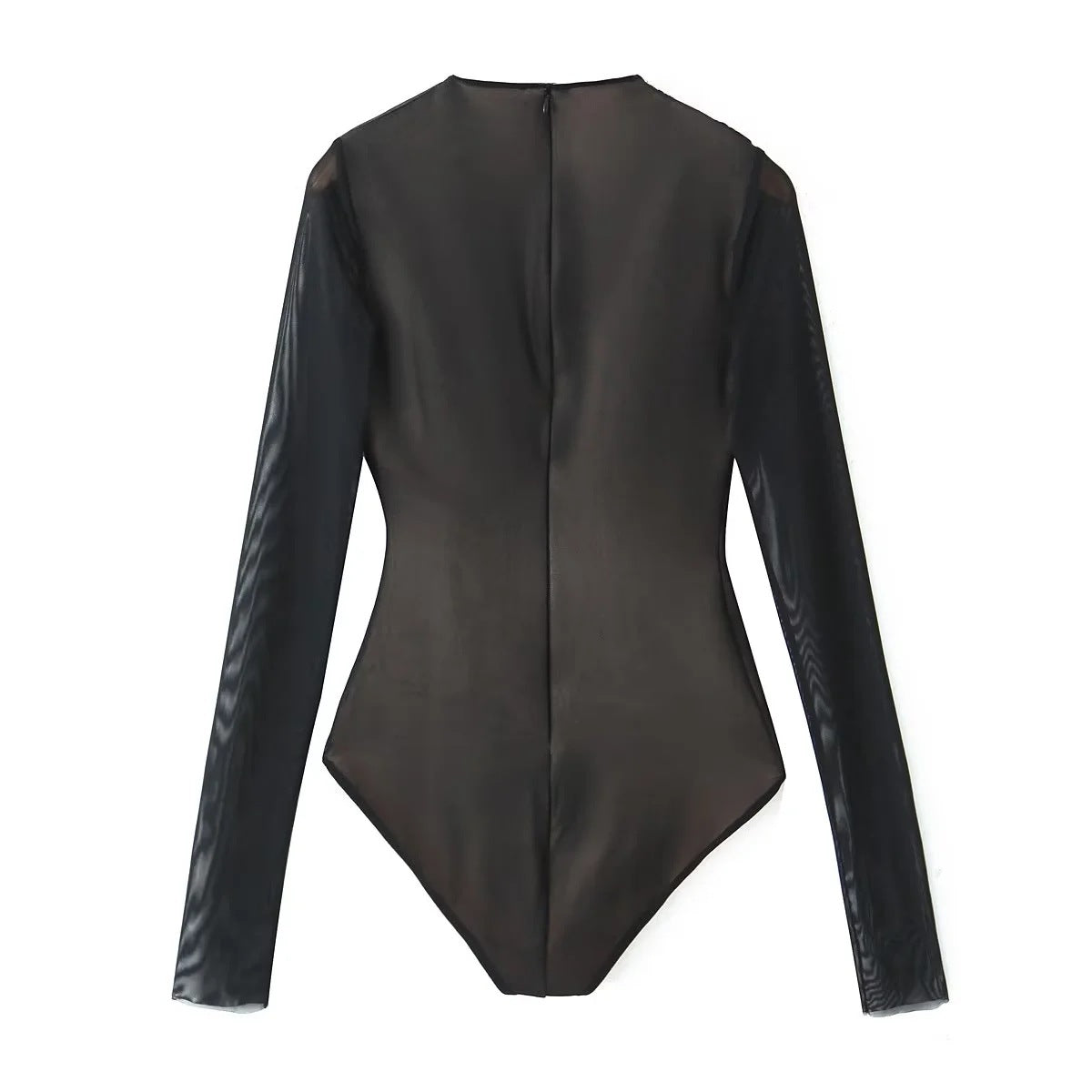Autumn style high round neck long sleeved pleated decorative silk mesh jumpsuit