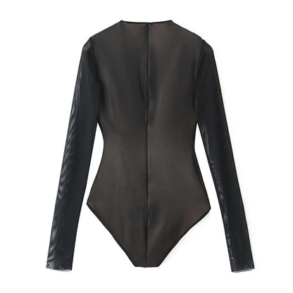 Autumn style high round neck long sleeved pleated decorative silk mesh jumpsuit