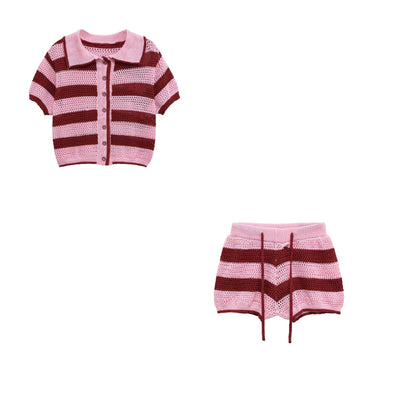POLO collar knitted short top+shorts set