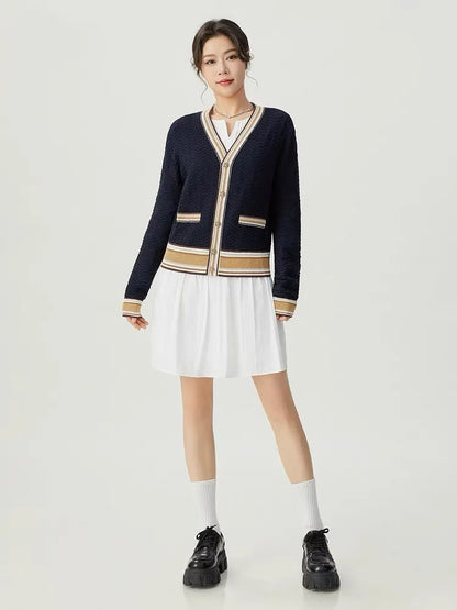 Stylish Striped Knit Sweater Cardigan Women Autumn Winter Long Sleeve V-neck Tops Single-breasted Fashion Vintage Jumpers