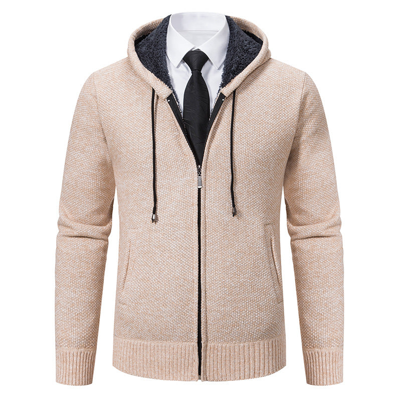 Autumn and winter men's cardigan sweater men's knitted sweater hooded and velvet casual men's knitted jacket