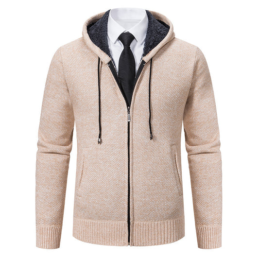 Autumn and winter men's cardigan sweater men's knitted sweater hooded and velvet casual men's knitted jacket