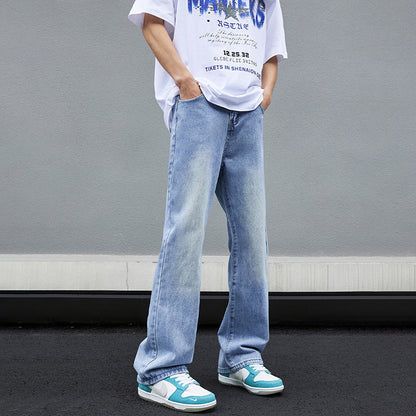 Washed blue semi elastic micro flared jeans