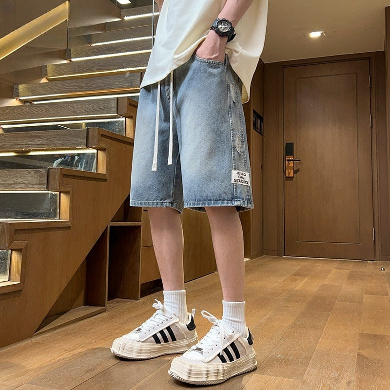 Oversized heren denim shorts met zakken en trekkoord