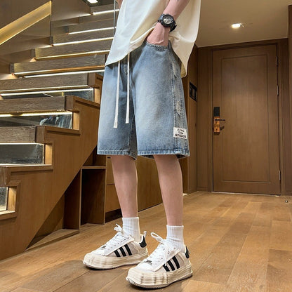 Oversized heren denim shorts met zakken en trekkoord
