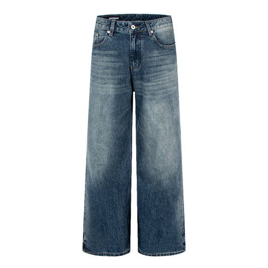 Vintage blauwe losse unisex jeans met rechte pijpen trendy gewassen en versleten look