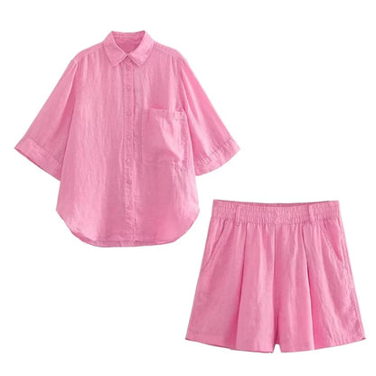 Fashion Cotton Linen Shorts Sets Women Summer Solid Single Breasted Lapel Blouse Wide Leg Elastic Waist Short Pant 2 Pieces Sets