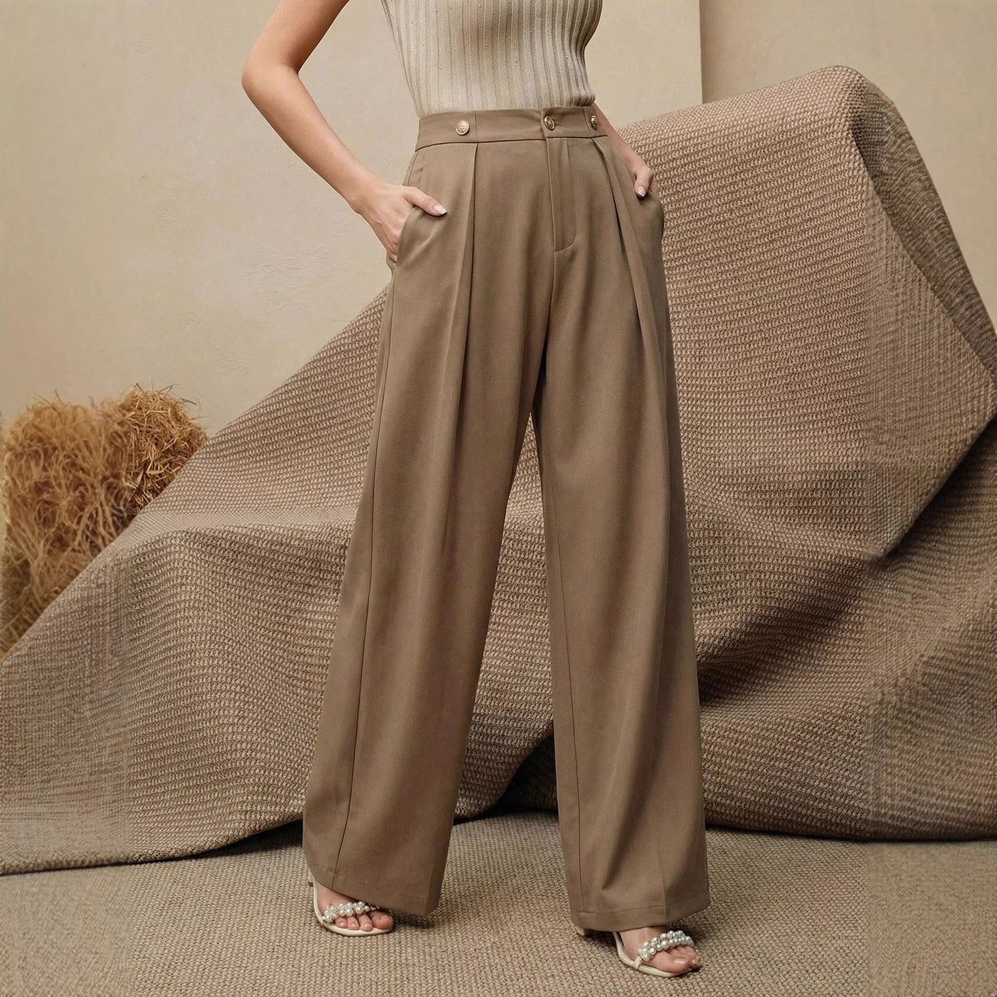Dames pantalon met plooien hoge taille en wijde pijpen