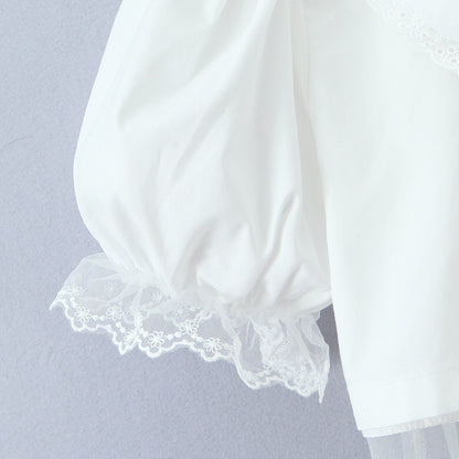 Doll collar lace patchwork bubble sleeves mesh white top