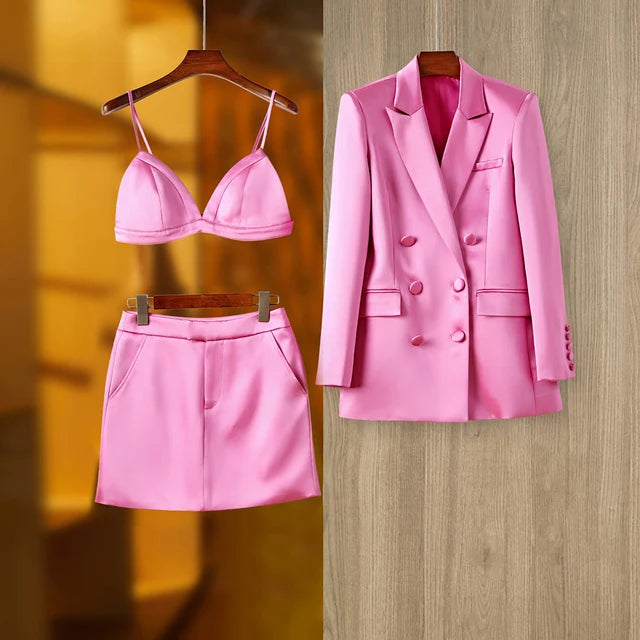 Women Street Design Pink Satin 3PCS Blazer Sets Elegant Mini Skirt Stunning Lady Suits Top Quality