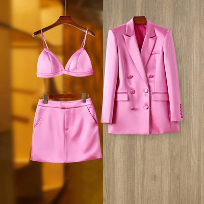 Women Street Design Pink Satin 3PCS Blazer Sets Elegant Mini Skirt Stunning Lady Suits Top Quality