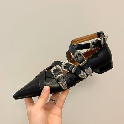Punk Multi Metal Buckle Flat Shoes Women Real Genuine Leather Cross-band Pointed Toe Flats Ladies Casual Shoes Comfort