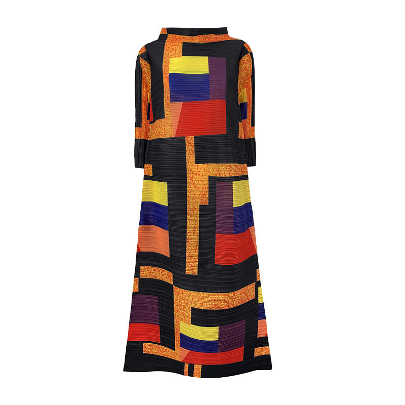 Spring And Summer New Women's Square Print Long Pleated Dress