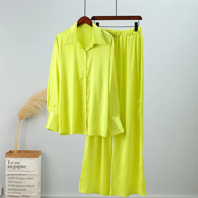 Elegant Satin Women's Matching Sets Casual Long Sleeve Shirt Straight Pants Suit Female  Loose Solid Tops Two Pieces Outfits